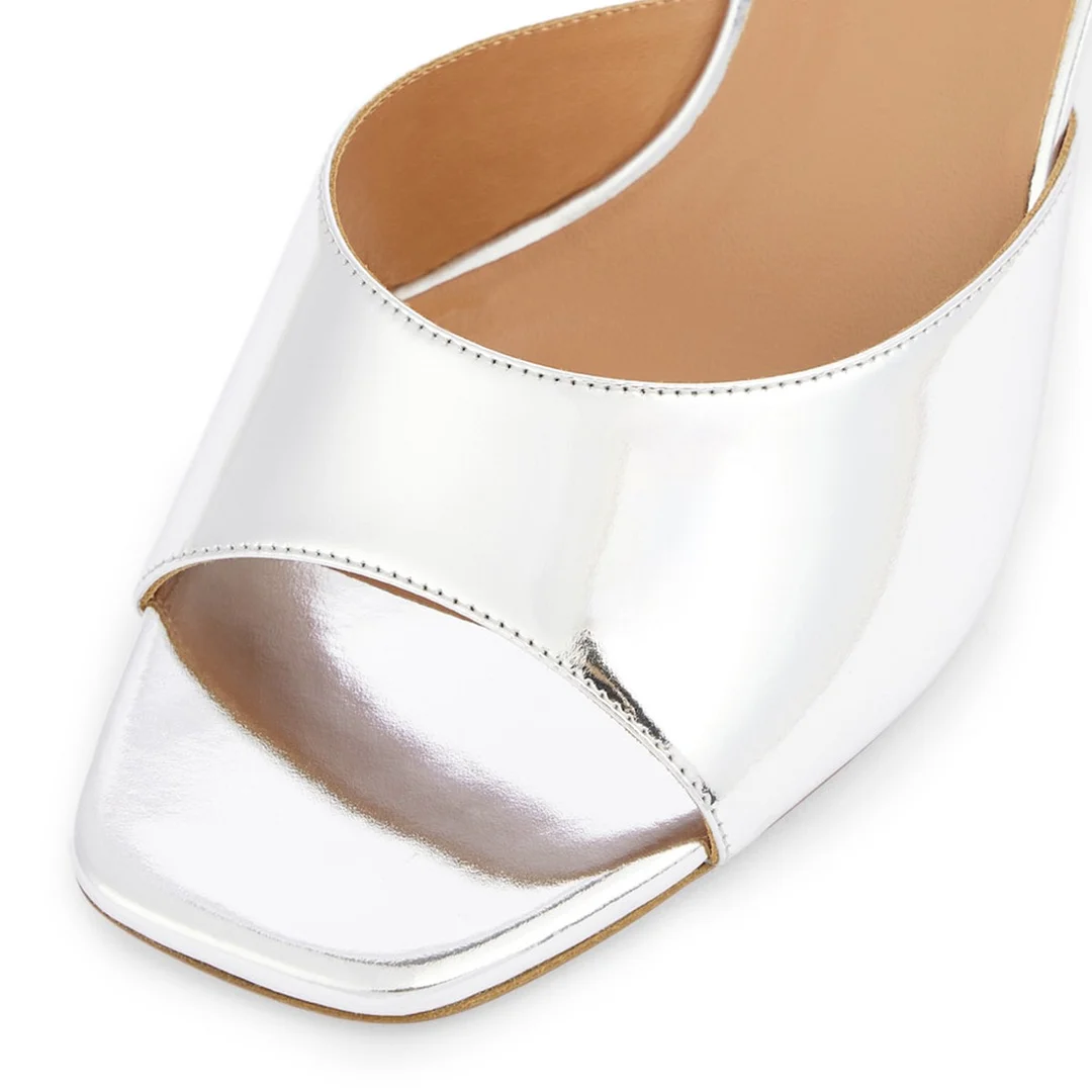 Silver Metallic Square Toe Rhinestone Sculptural Heel Mules Shoes