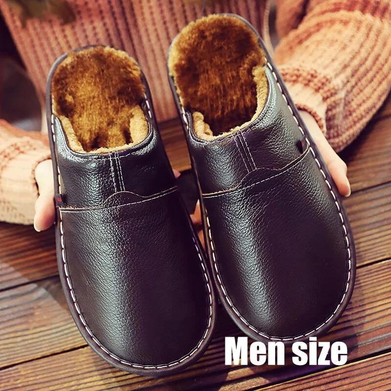 Men's shoes Genuine leather slippers winter superstar sewing Non Slip mens indoor slippers rubber warm house shoes man