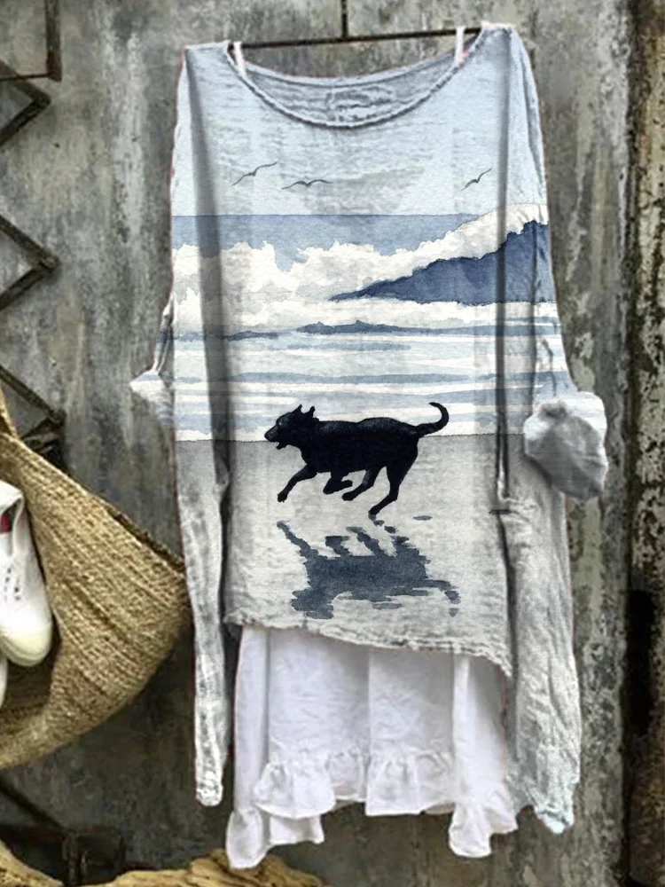 Labrador Retriever Ocean Wave Print Linen Blend Casual Shirt