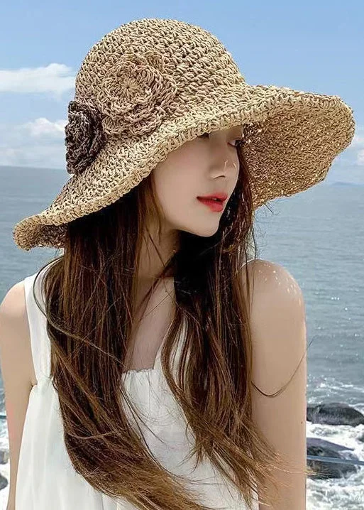 Floral Beige Hollow Out Straw Woven Floppy Sun Hat