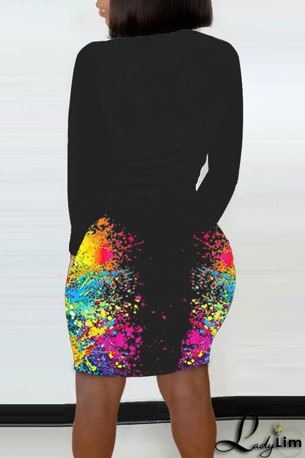 Multicolor Fashion Casual Print Split Joint Slit O Neck Long Sleeve Dresses