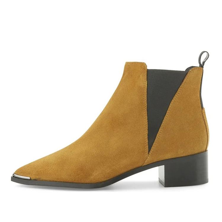 Mustard Suede Pointed Toe Chelsea Chunky Heel Ankle Boots Vdcoo