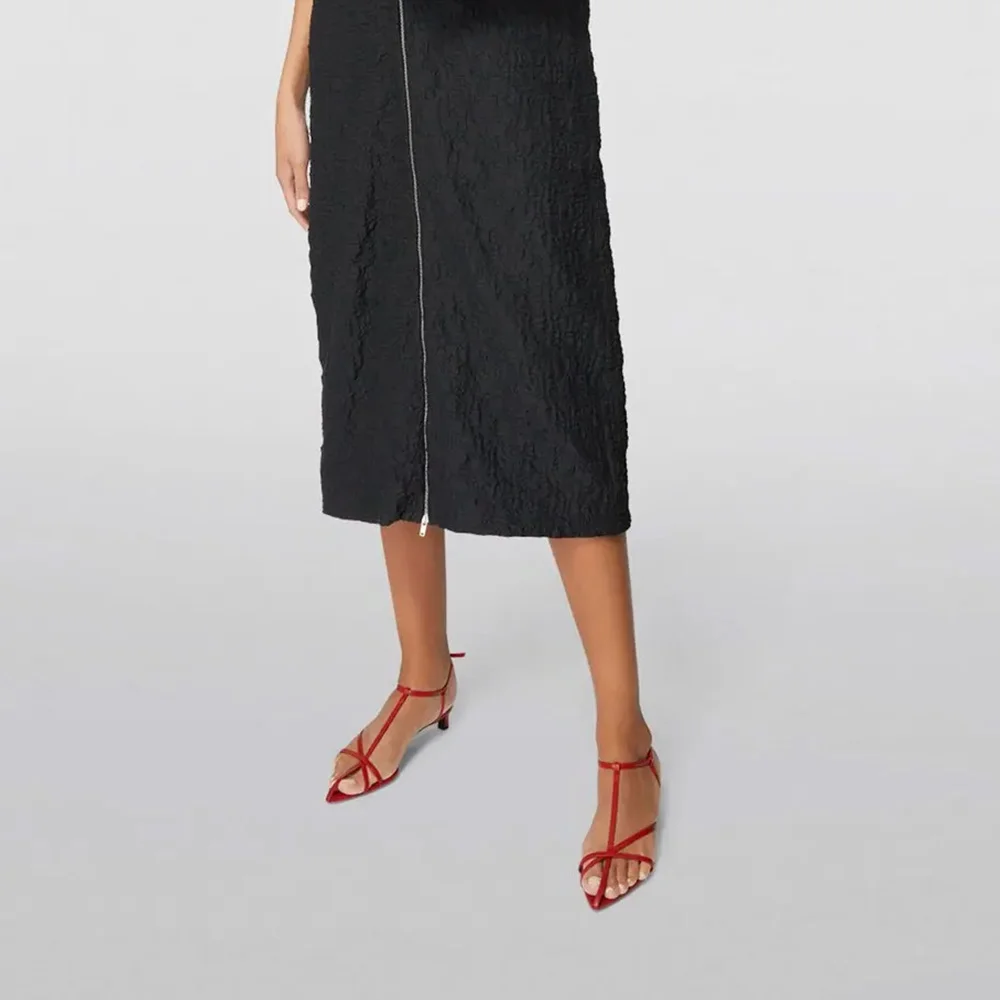 Red Vegan Leather T-Strap Open Toe Simple Women's Heel Sandals