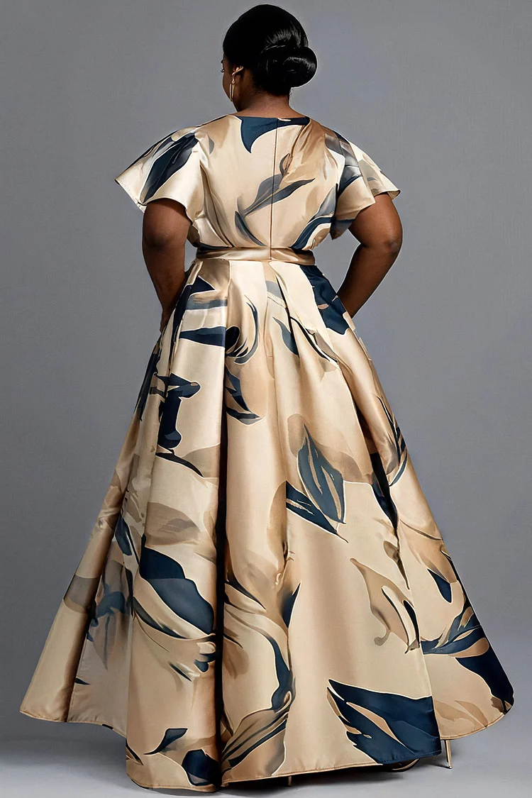 Xpluswear Design Plus Size Mother Of The Bride Champagne Floral Wrap Neck Short Sleeve Elegant Satin Maxi Dresses