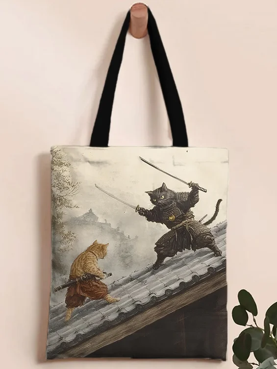 Women's Two Cat Warriors Japanese Art Print Shoulder Tote Bag