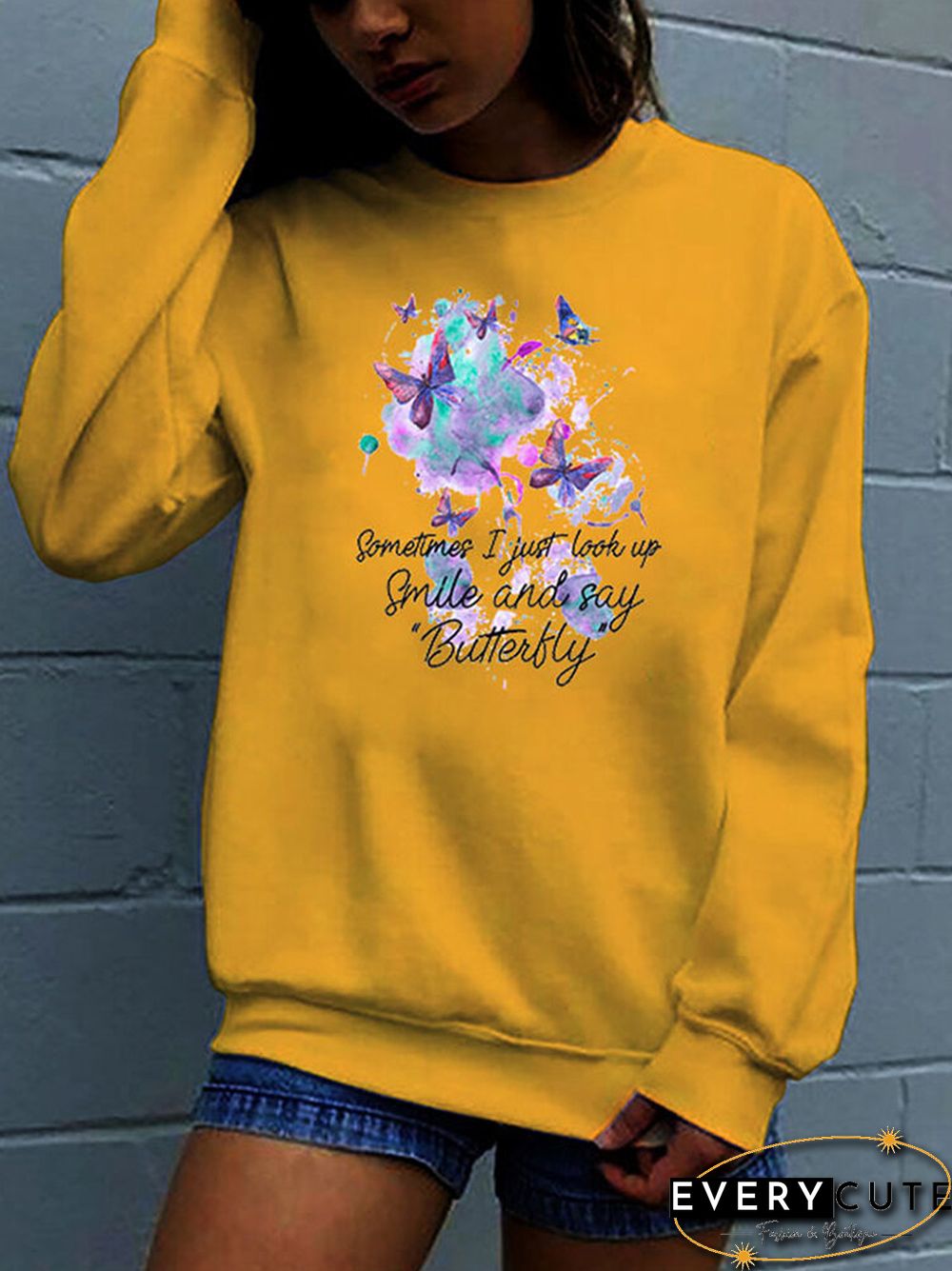 Butterfly Letters Printed Long Sleeve O-neck Sweatshirt For Women