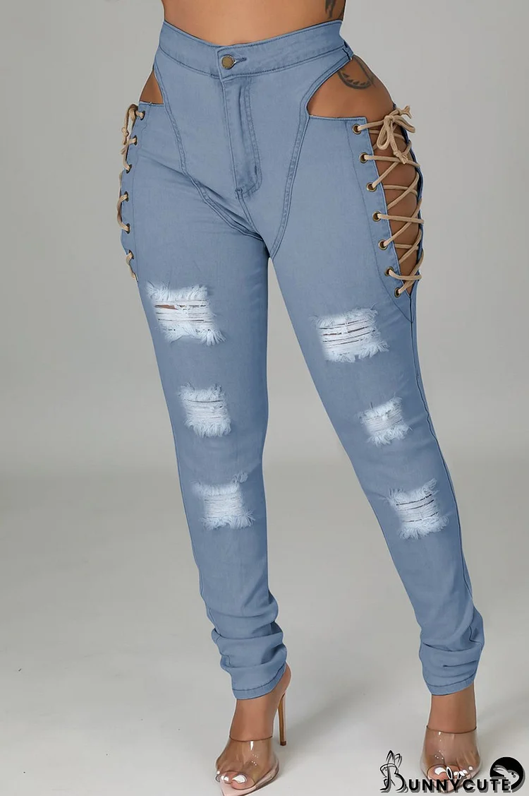 Baby Blue Sexy Casual Solid Ripped Hollowed Out Frenulum Mid Waist Skinny Denim Jeans