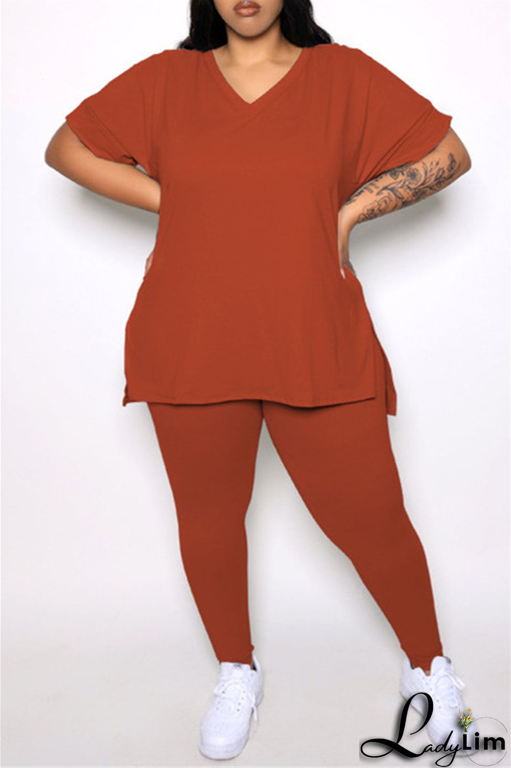 Tibetan Blue Fashion Casual Solid Slit V Neck Plus Size Two Pieces