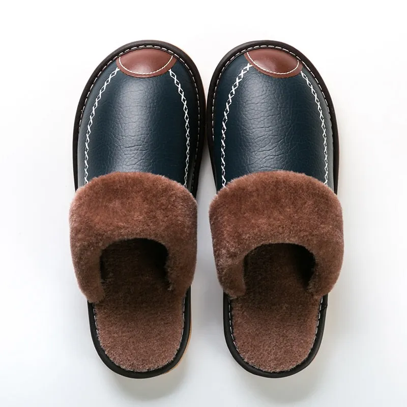 Men's Leather Home Warm Cotton Slippers Men's Home Autumn and Winter Indoor Wooden Floor Non-slip Thick Slippers Mens Slippers