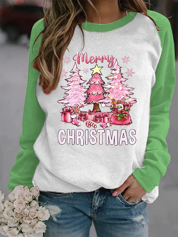 Women's Pink Christmas Christmas TreeMerry Christmas Christmas Fun Print Long Sleeve Top