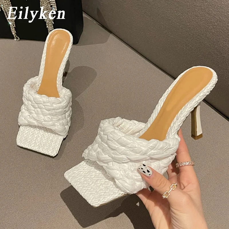 Eilyken 2022 New Summer Design Weave Square Toe Heels High Quality Slippers Gladiator Beach Womens Sandal Slides Shoes