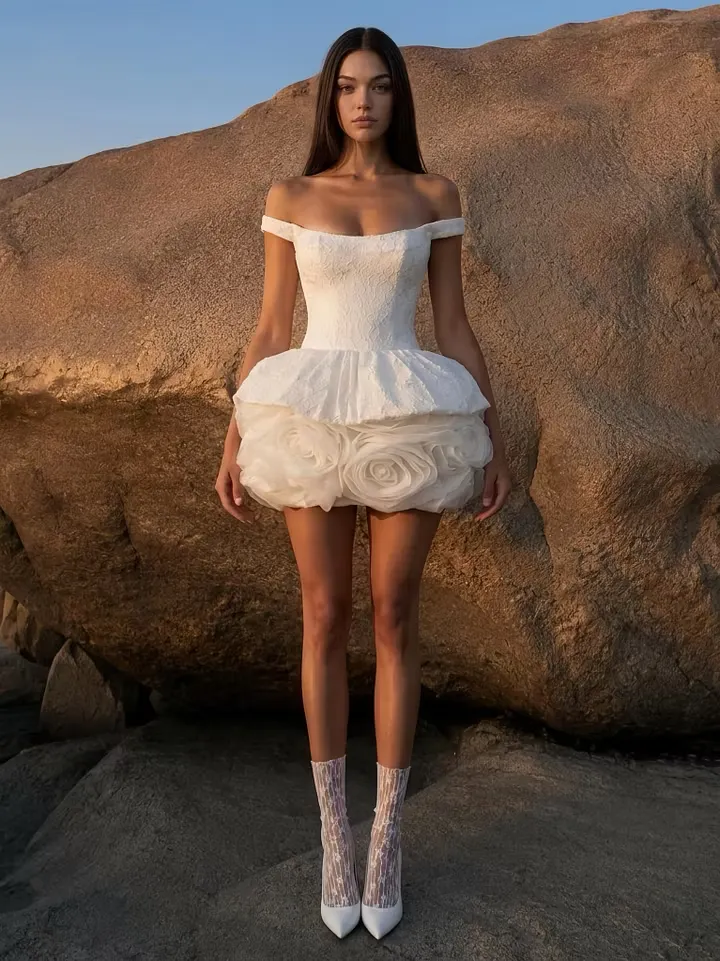 Lussooy Gorgeous White Off the Shoulder Floral Short Pleated Strapless Prom Dress 