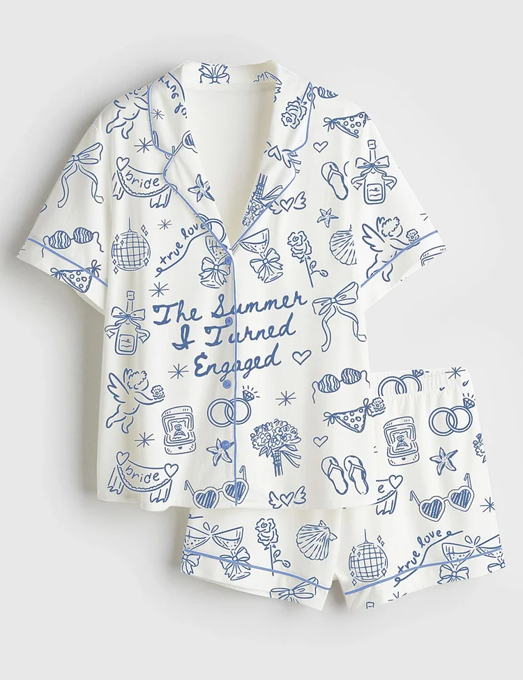 Women&rsquo;s Summer I Turned Engaged Coastal Beach Bride Short Sleeve Satin Pajama Set