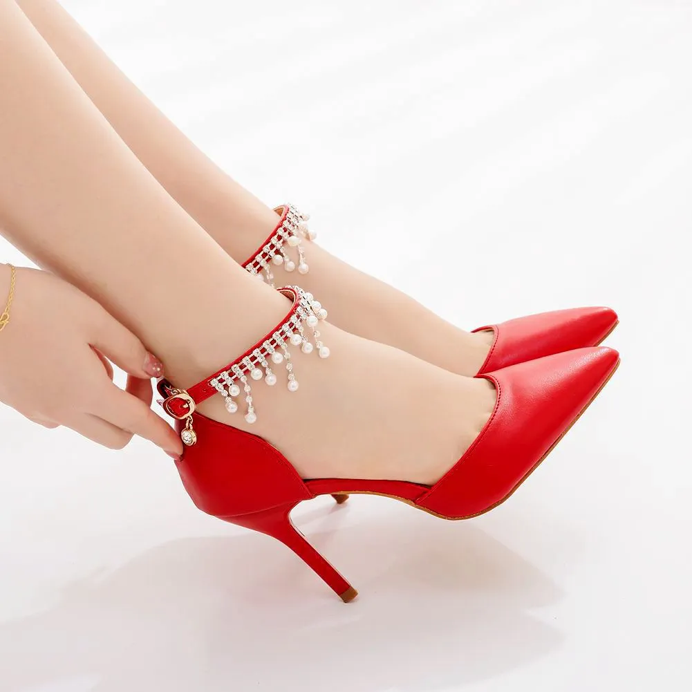 Breakj Breakj Suzu Beads Large-Size High-Heeled Sandals Fine-Heeled Sandals White Pointed Shoes Female Wedding Wedding Bridal Sandals