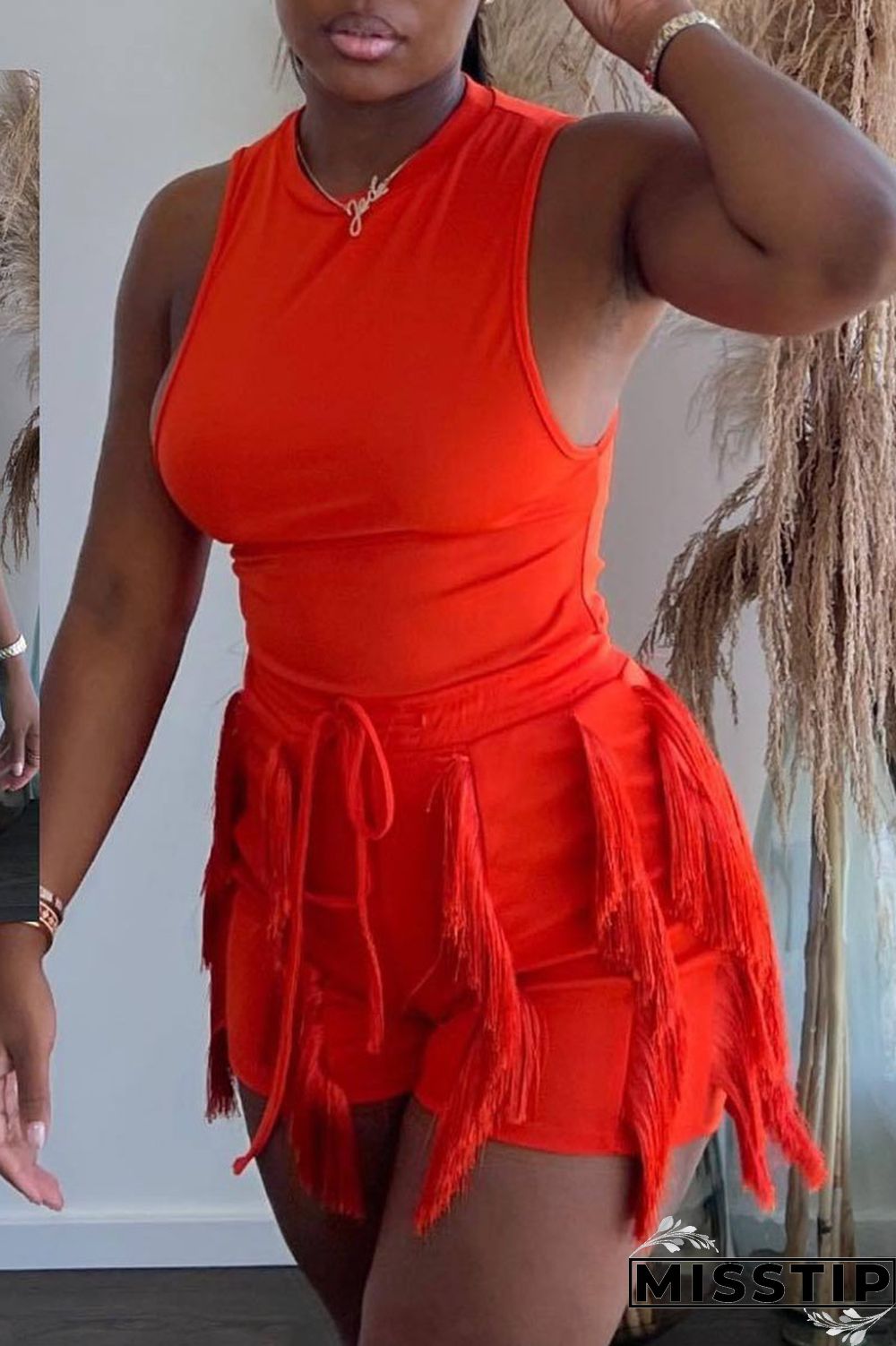 Peacock Blue Casual Solid Tassel Patchwork O Neck Sleeveless Two Pieces