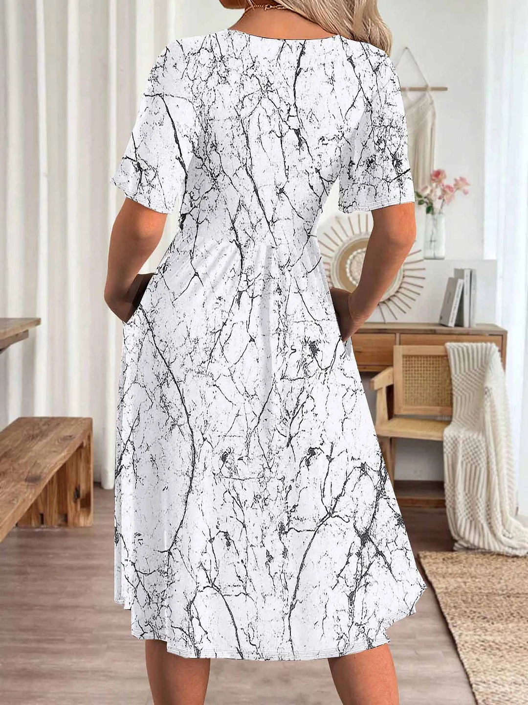 Women Striped,White DZHA8094 Short Sleeve Scoop Neck Graphic Printed Hollow Midi Dress