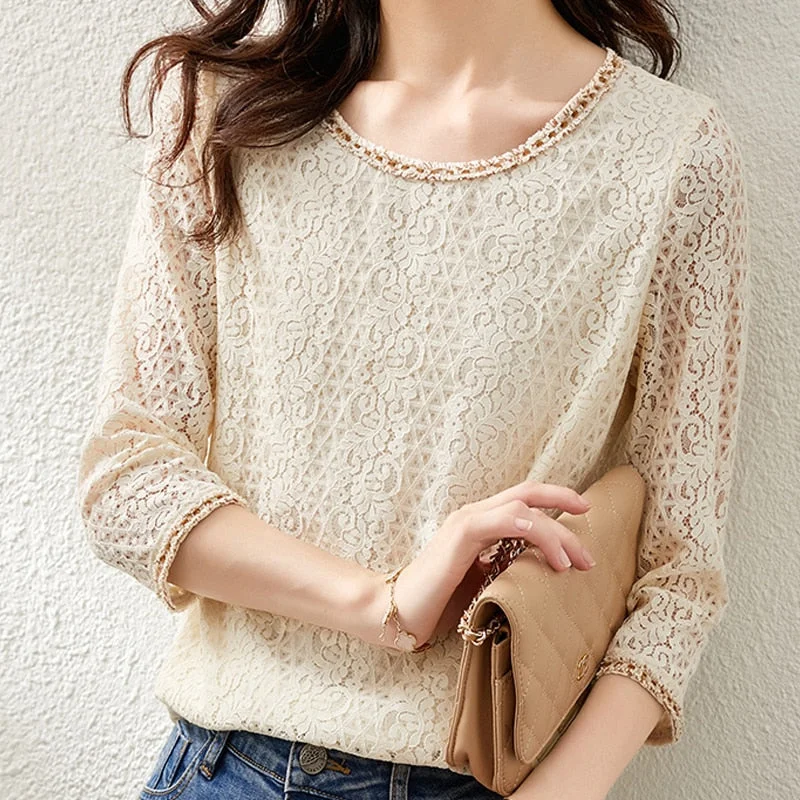Autumn New High-end Crocheted Hollow Blouse Blue O-neck Three-quarter Sleeve Fairy Lace Blouse Elegant Apricot Print Shirt 16704