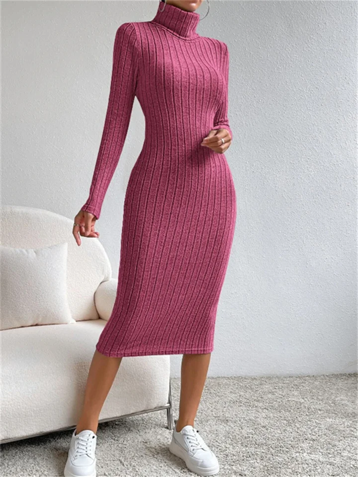 Solid Color Sexy Tight Long Sleeve Dress Women's Autumn New Medium Long Dress Pink Waist Slim Skirt-Cosfine