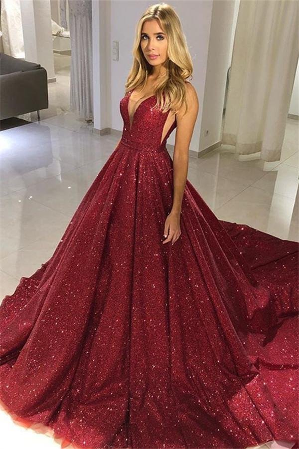 Burgundy V-Neck Sequins Prom Dress Sleeveless Princess Dress - lulusllly