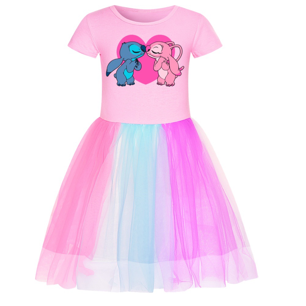 Stitch-Themed Rainbow Star Lace Skirt for Girls - Adorable Kids' Dress with Colorful Design -Mayoulove