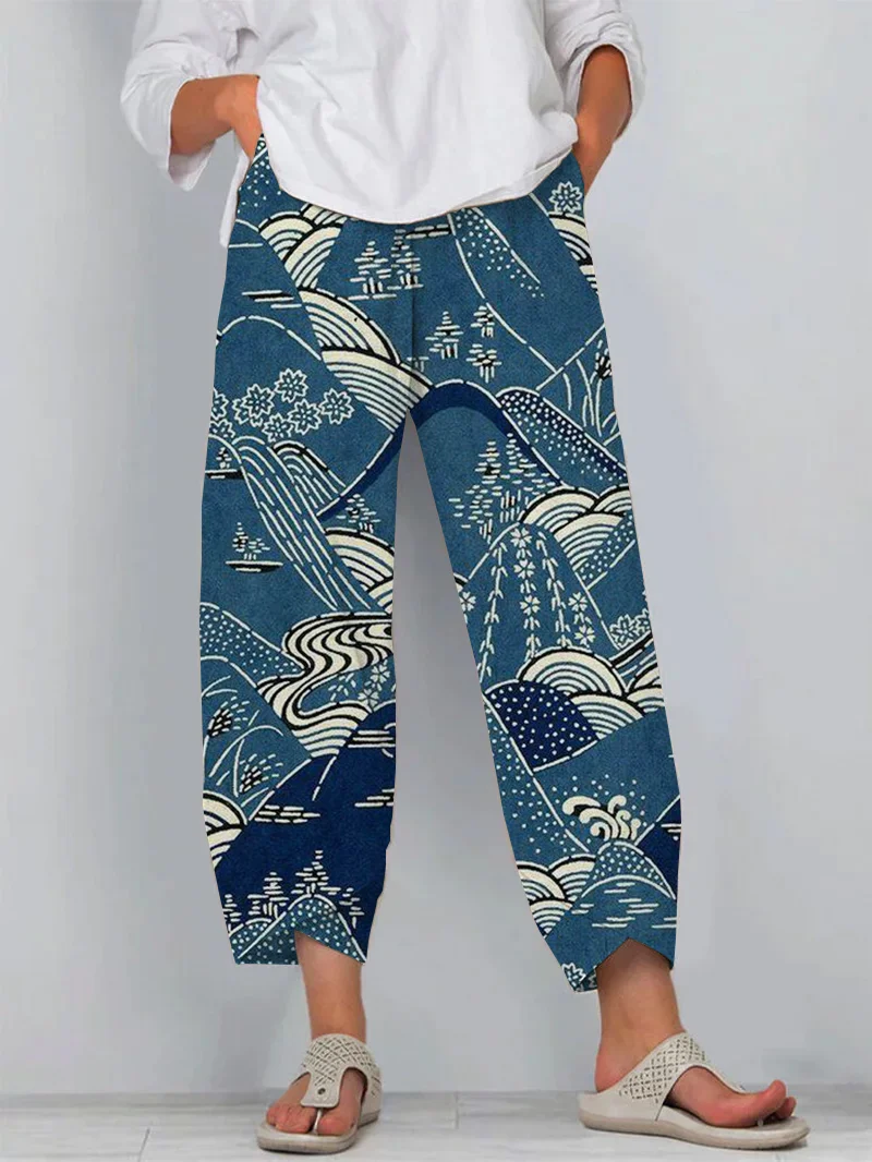Japanese Wave Print Loose Casual Pants