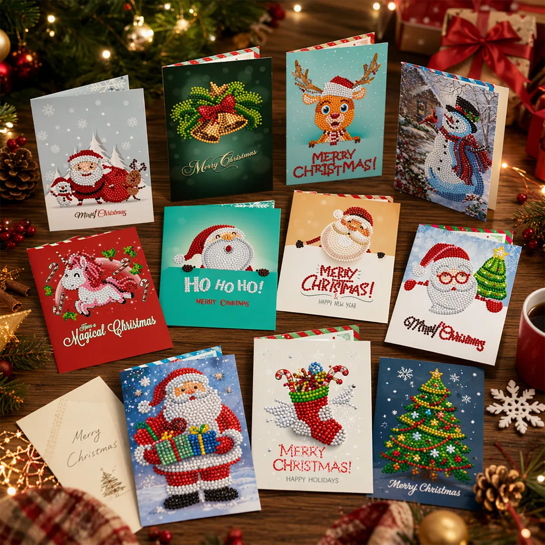 8PCS Christmas DIY Diamond Painting Greeting Card Kits with Envelopes Diamond Art Greeting Cards Diamond Art Cards Kits for Adults DIY Crafts Family Friend Gifts