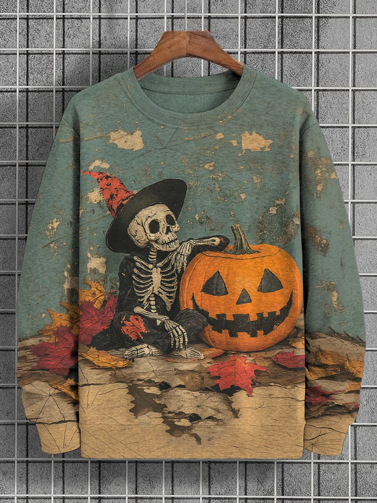 Men's Halloween Skull And Pumpkin Art Print Casual Sweatshirt