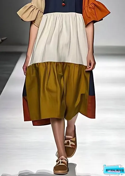 New Colorblock Wrinkled Patchwork Cotton Dresses Half Sleeve