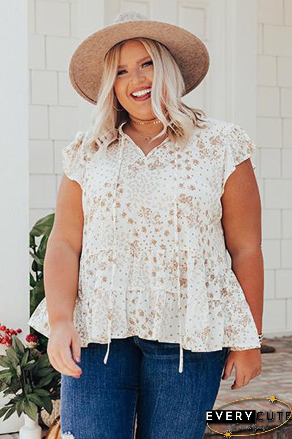 Ruffled Floral Print Plus Size Top