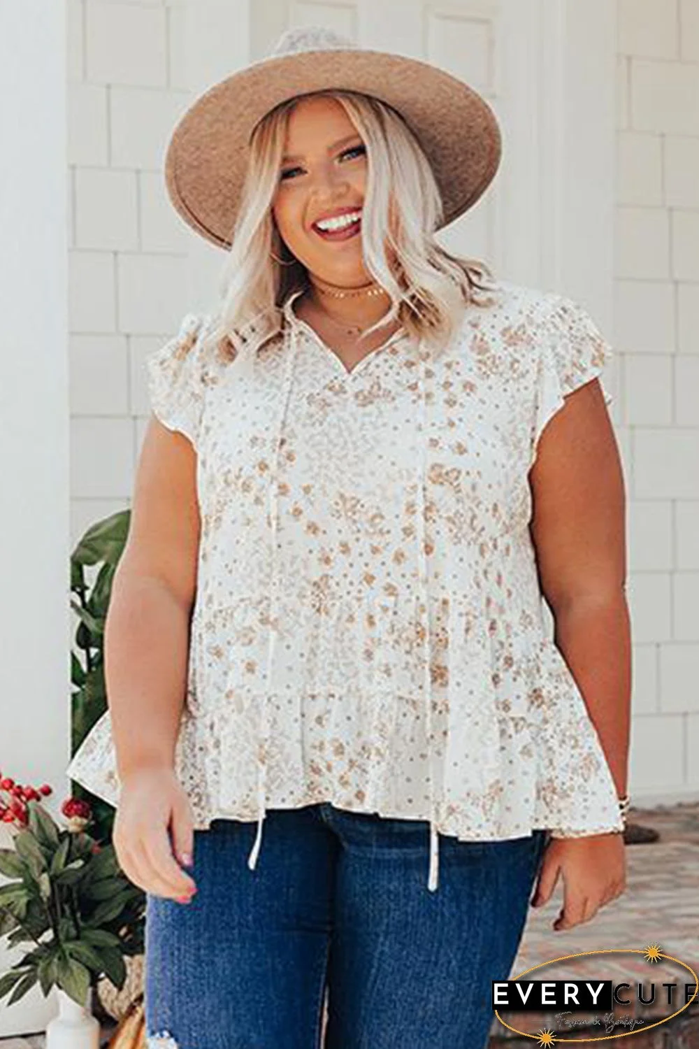 Ruffled Floral Print Plus Size Top
