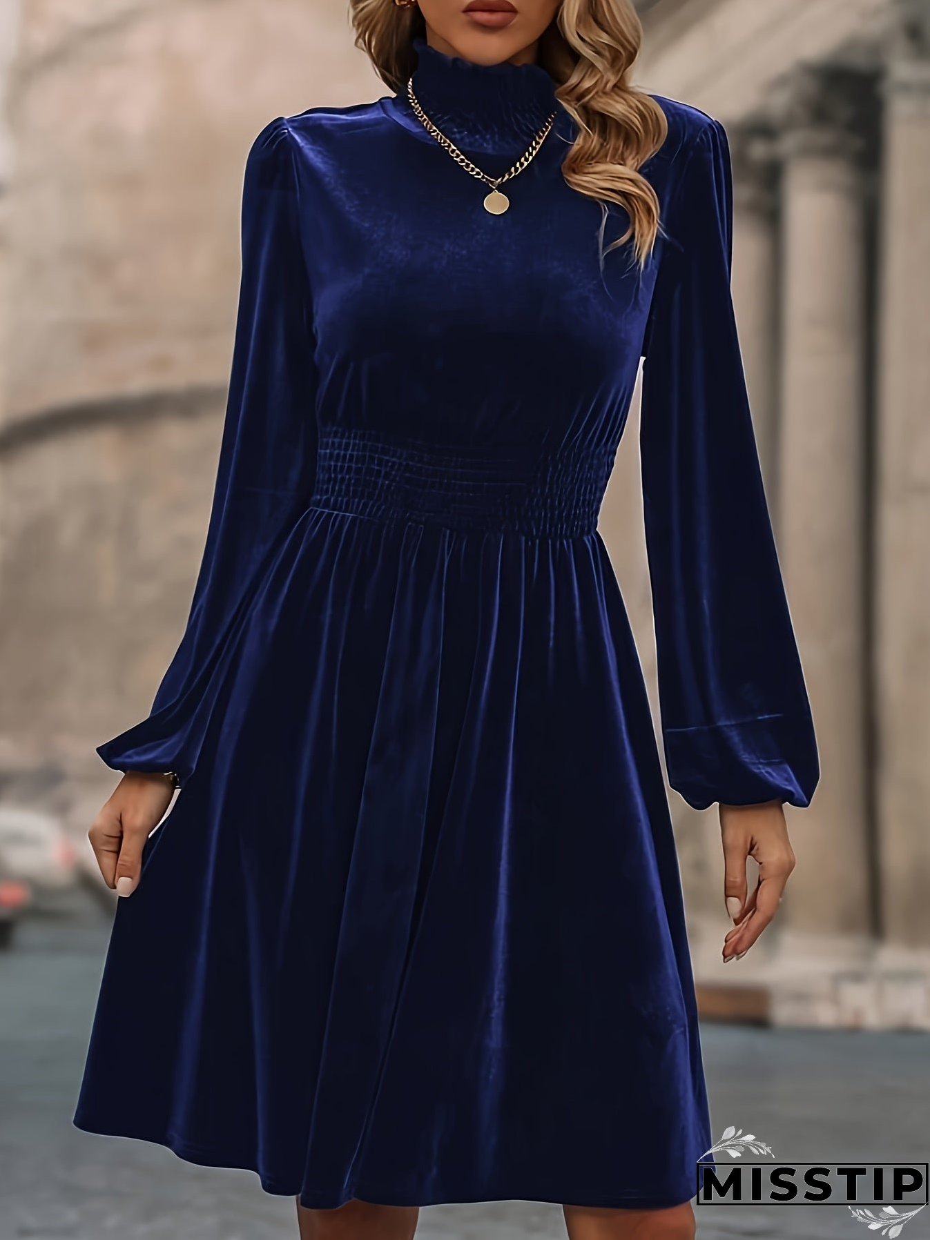 Solid Shirred Knee Length Dress, Elegant Long Sleeve Mock Neck Dress, Women's Clothing