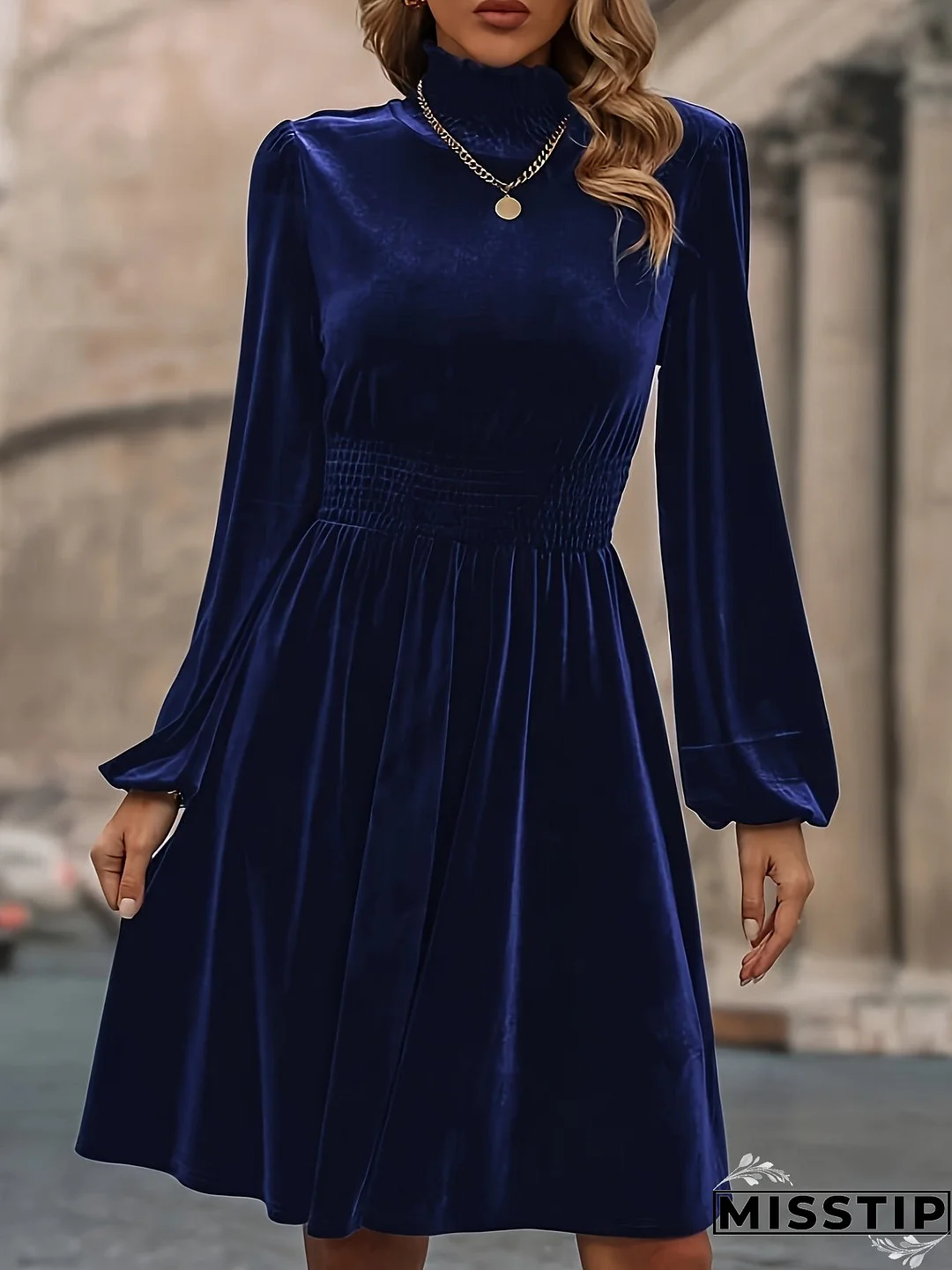 Solid Shirred Knee Length Dress, Elegant Long Sleeve Mock Neck Dress, Women's Clothing