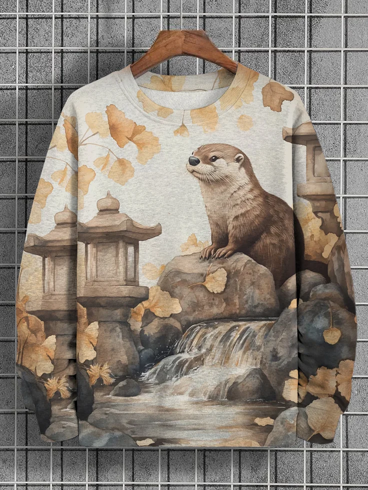 Men's Otter By The Pool Ginkgo Leaf Watercolor Print Casual Sweatshirt