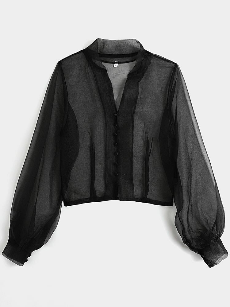Mesh V neck Puff Long Sleeve Button Solid Color Sexy Blouse P1614944