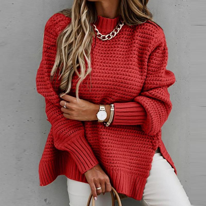 Autumn and Winter New Semi-high Collar Loose Solid Color Long-sleeved Sweater Women