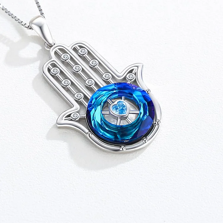 S925 You Always be Protected Blue Crystal Hamsa Hand Necklace