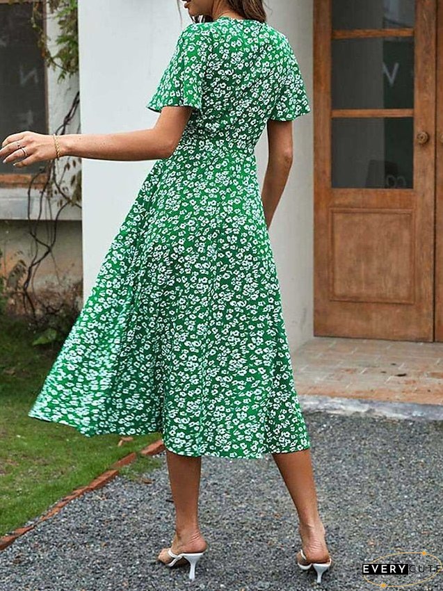 Casual Dress Wrap Line Floral Ditsy Lace Split Neck Midi Fashion Streetwear Outdoor Daily