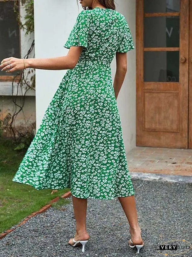 Casual Dress Wrap Line Floral Ditsy Lace Split Neck Midi Fashion Streetwear Outdoor Daily