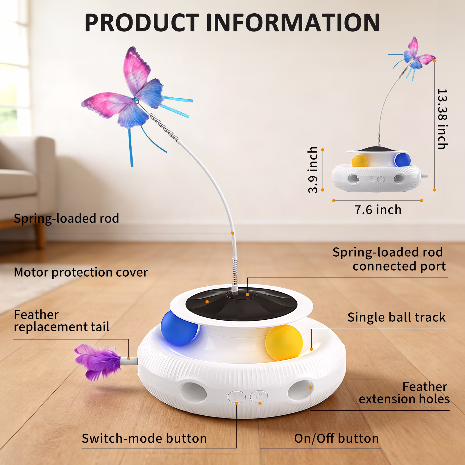 Three-in-one indoor interactive cat toy: Smart cat feather wand, USB rechargeable, White.