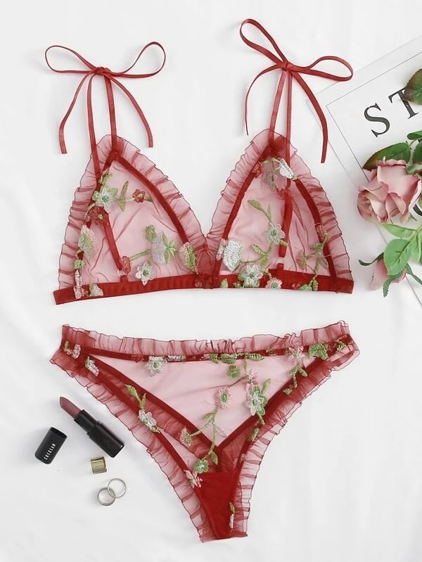 Floral Embroidery Mesh Lingerie Set