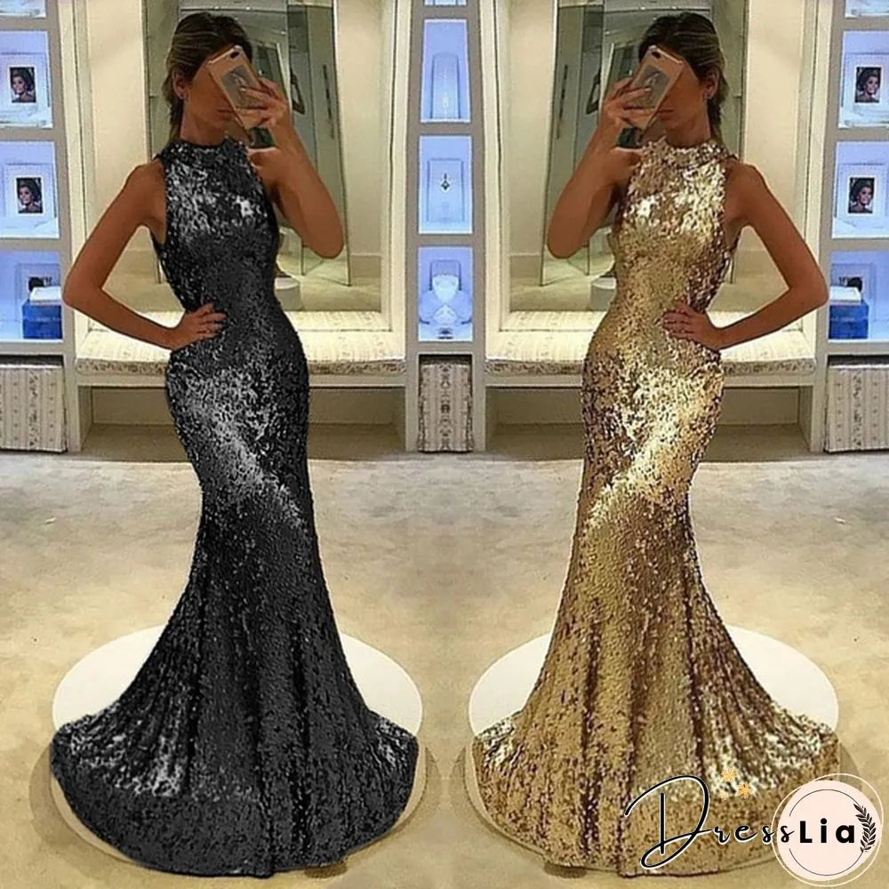 Womens Sleeveless Neck Sequin Party Prom Dress Shinny Slim Fit Fishtail Maxi Elegant