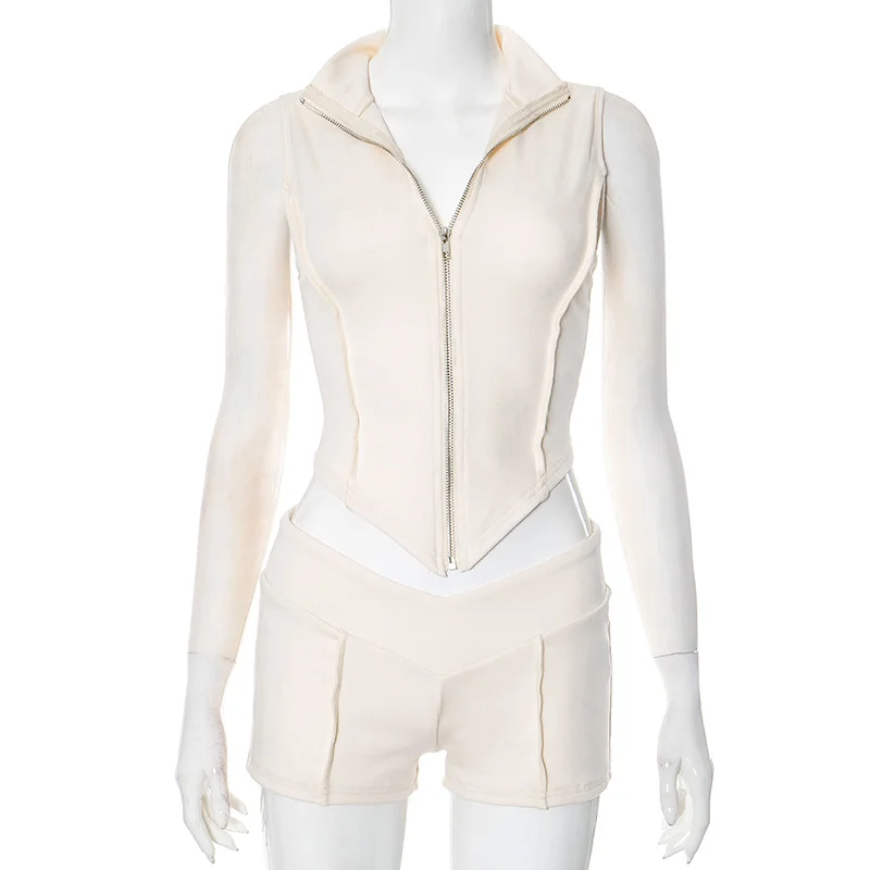 Uveng Uveng Women's Spring And Summer Zipper Collar Sleeveless Line Umbilled High-Waisted Shorts Set