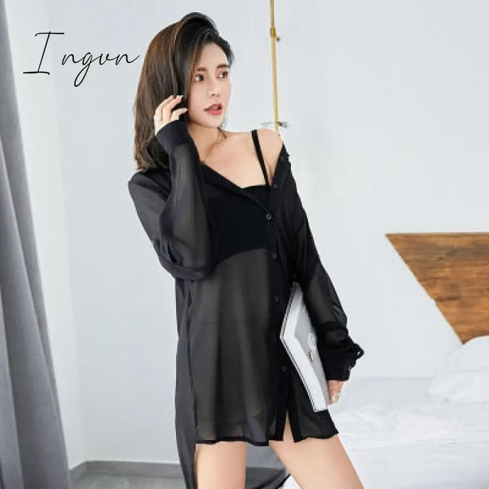 Ingvn - S-5Xl Sexy Lingerie Blouse Women Home Boyfriend Style White Button Shirt Black / S Blouses