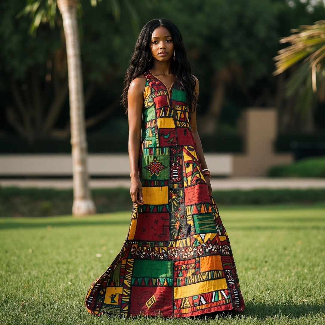 Women's Juneteenth Black Pride African Color Block  Geometric Art Print Long Dress