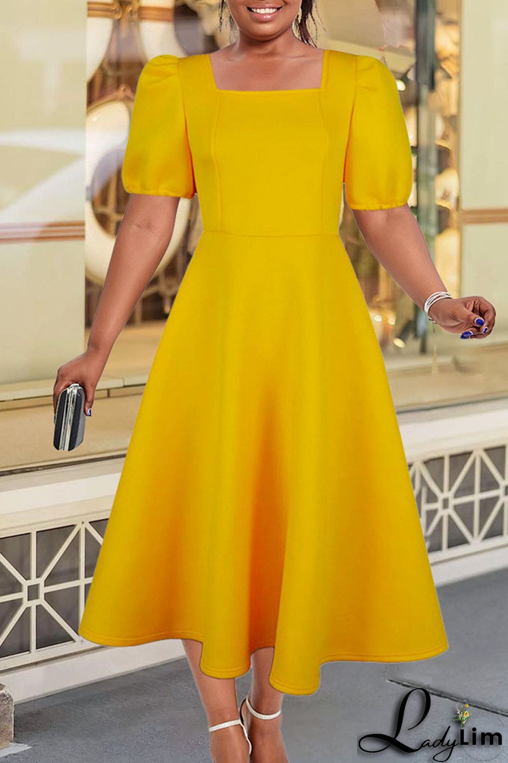 Yellow Elegant Solid Patchwork Square Collar Evening Dress Dresses