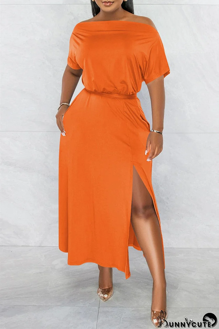 Orange Fashion Casual Solid Patchwork Slit Off the Shoulder Short Sleeve Dress