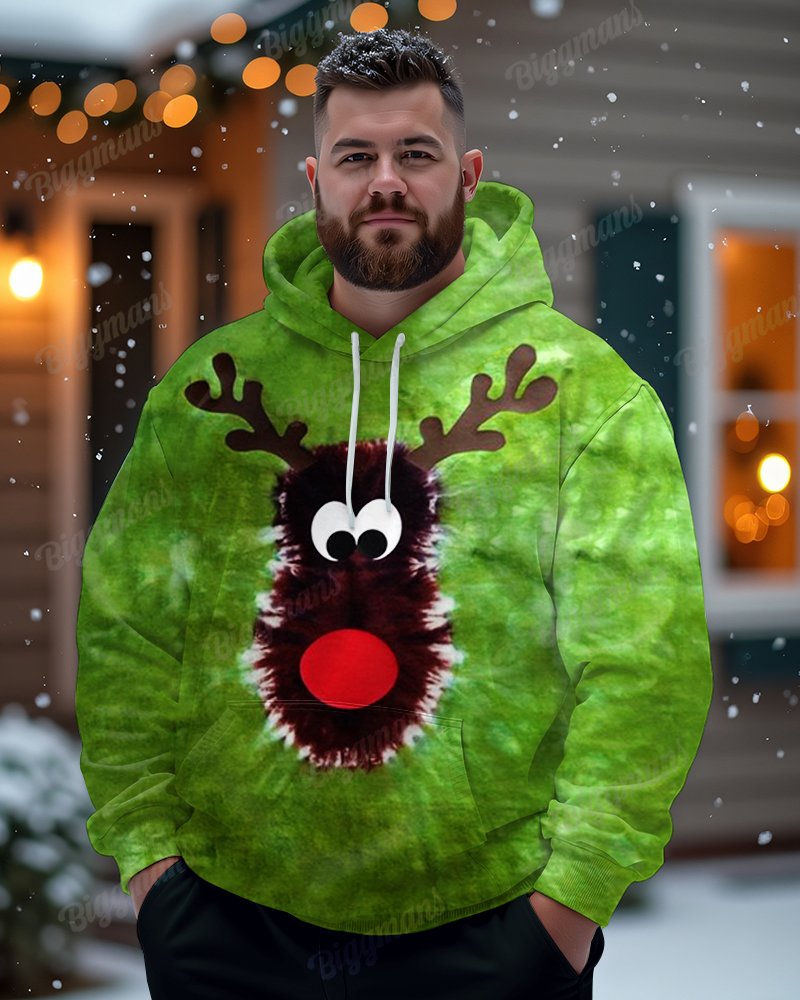 Men's Plus Size Christmas Elk Cartoon Tie-Dye Printed Hoodie Sweatshirt