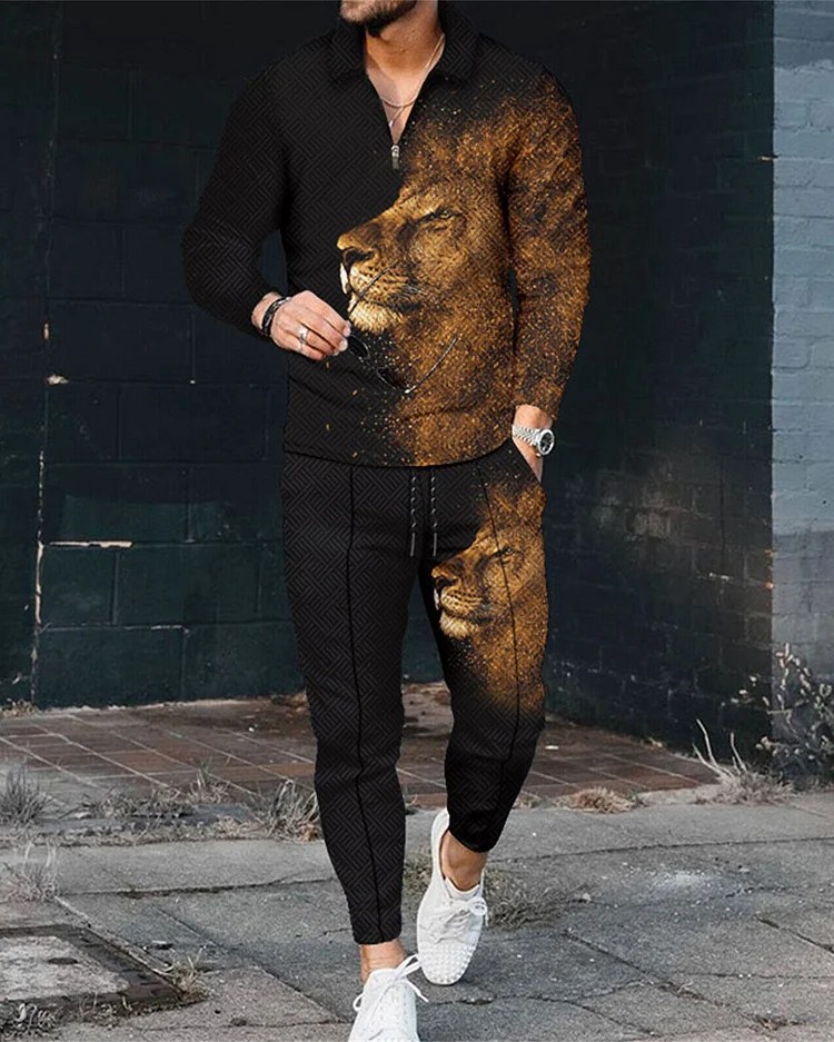 Men's Lion King Long Sleeve Zipped POLO Trousers Set  0291