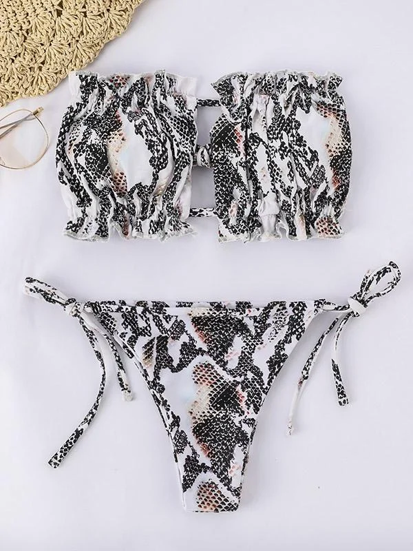 Snake-Print Bandage Bandeau Bikini Swimsuit