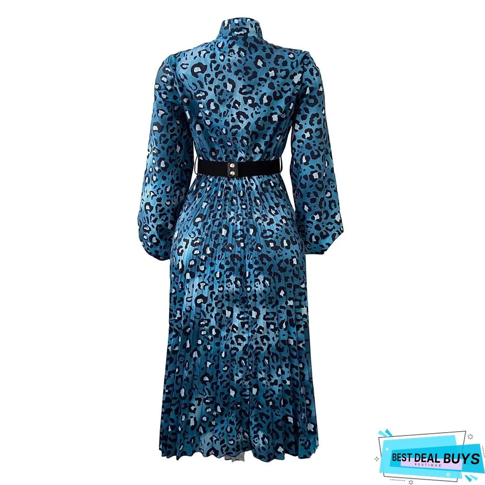 Long Sleeve Printed V-Neck Pleated Dress